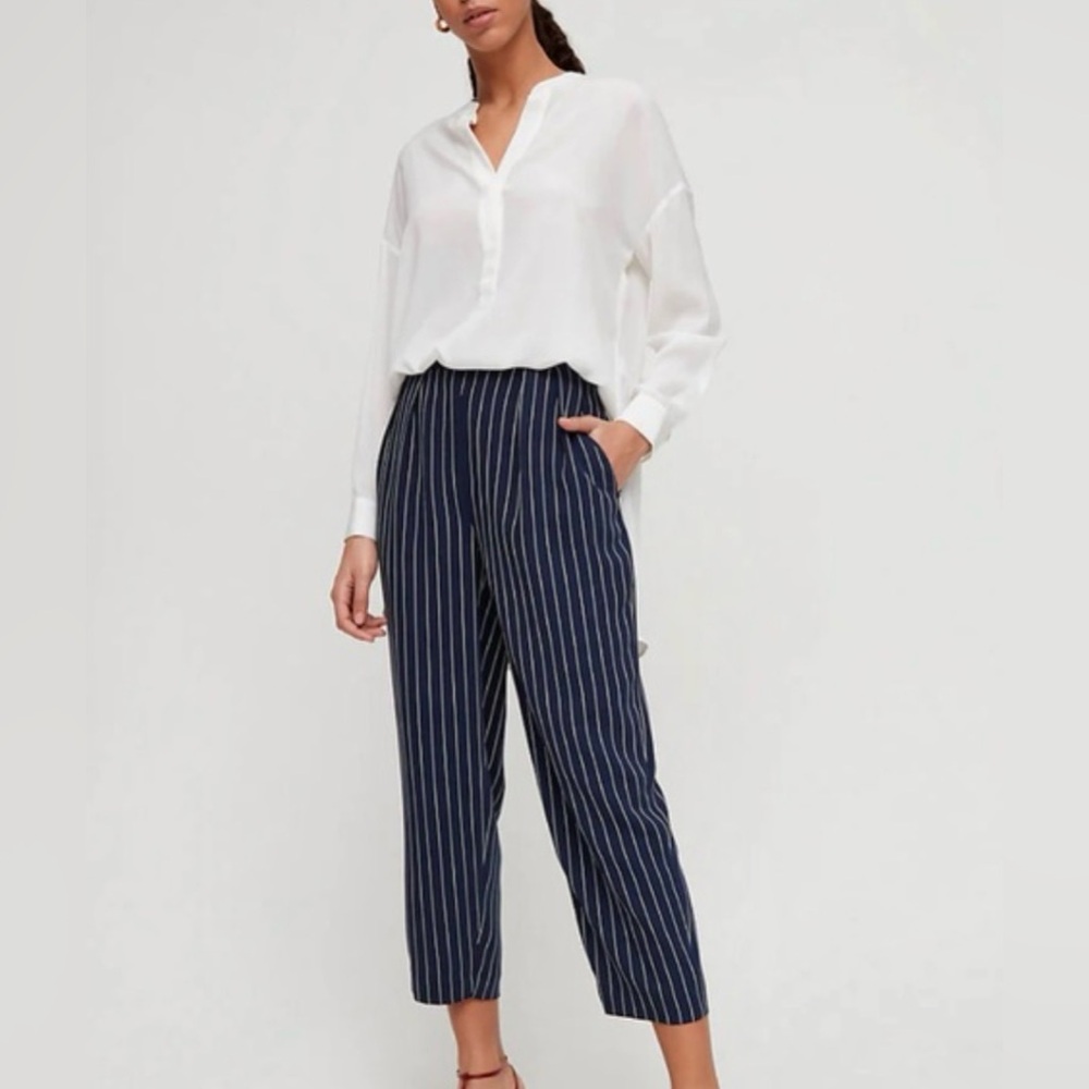 ARITZIA Babaton Modesto Pinstripe Pant in Navy Blue & White